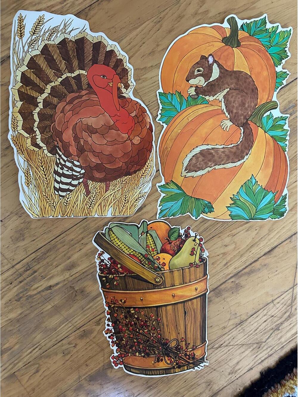 Thanksgiving hallmark vintage die cuts featuring a turkey,fruit/pumpkin/squirrel